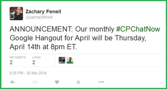 Co-host Zachary Fenell announces the date for April's Google Hangout.