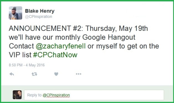 CPChatNow's next video chat will be held Thursday, May 19th via Google Hangouts.
