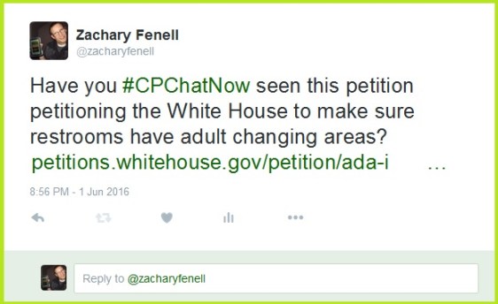 I encourage others to sign a We the People petition, asking the White House for adult changing areas in restrooms.