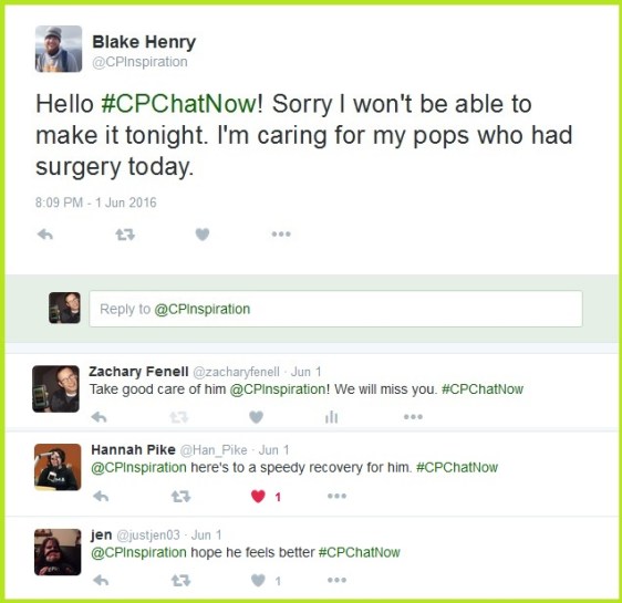 Blake inform the community other priorities will keep him from the night's Twitter chat.