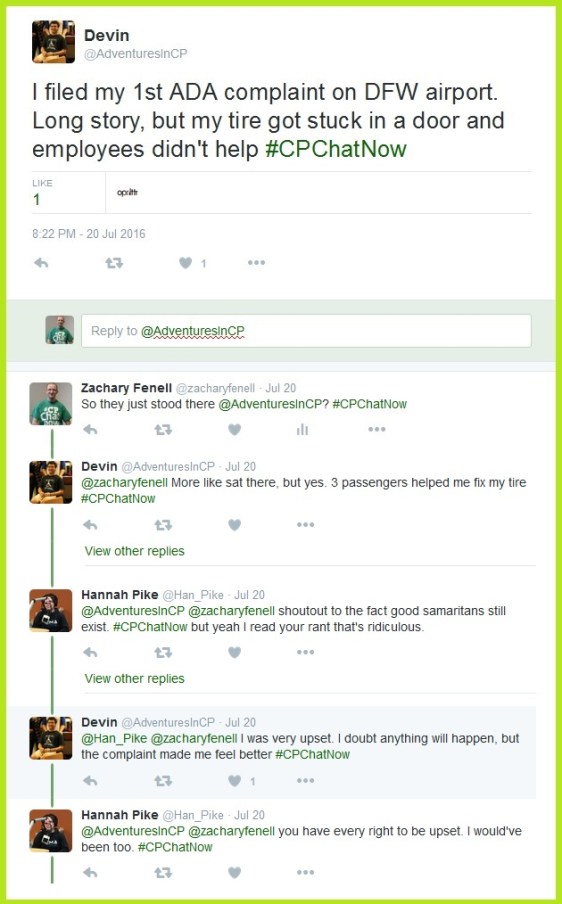 A bad experience left #CPChatNow regular Devin filing an ADA complaint.