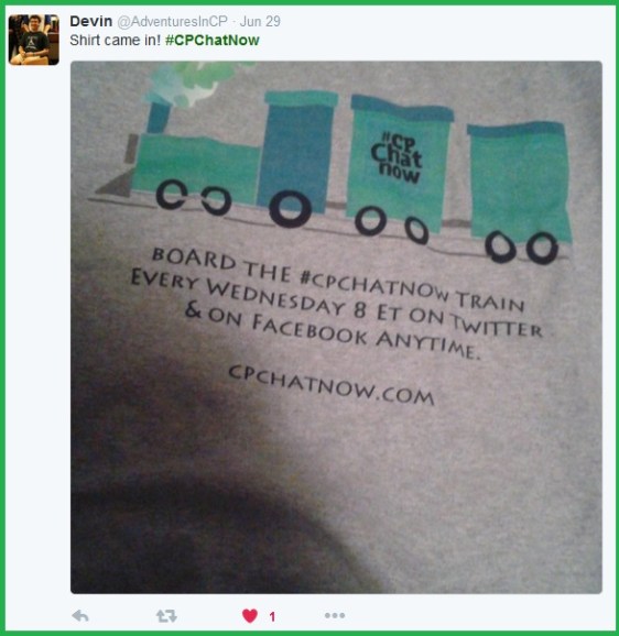 Devin will be chugging along in his wheelchair wearing his #CPChatNow pride.