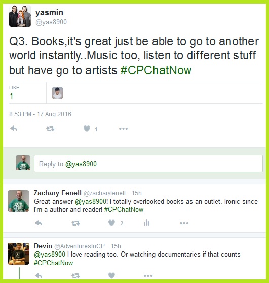 Some within the #CPChatNow community look to books for therapeutic release.