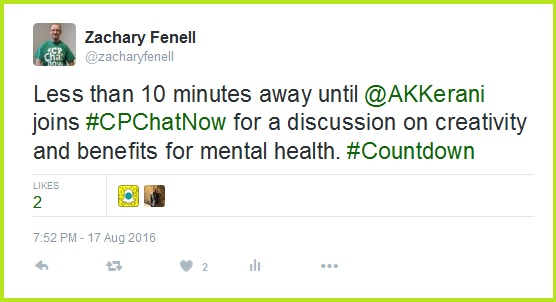 Anticipation builds for #CPChatNow's "Creative Outlets and How They Benefit Mental Health" focus chat.