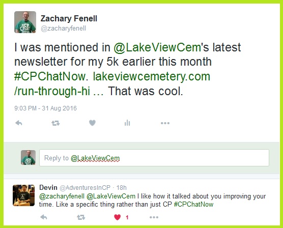 In their newsletter Lake View Cemetery mentions Zachary Fenell's 5k performance at the annual A Run Through History event.