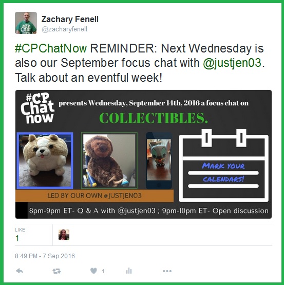 #CPChatNow's own Jen will showcases her expertise in collectibles when she hosts our monthly focus chat Wednesday, September 14th.