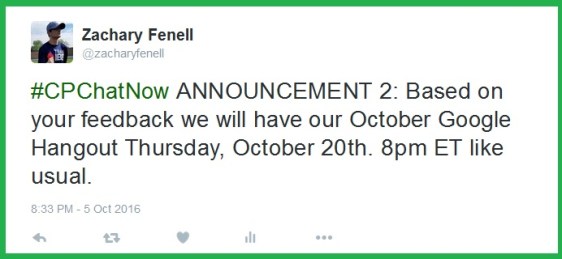 The October 2016 CPChatNow Google Hangout will happen Thursday, October 20th.