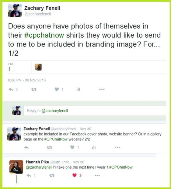 Zachary seeks photos of community members in their #CPChatNow shirts.