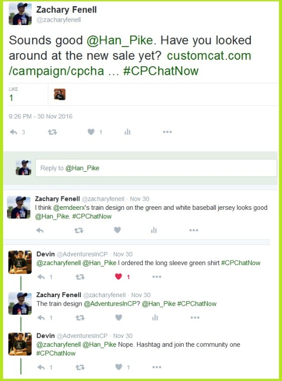 Participants discuss the current #CPChatNow t-shirt and winter apparel sale.