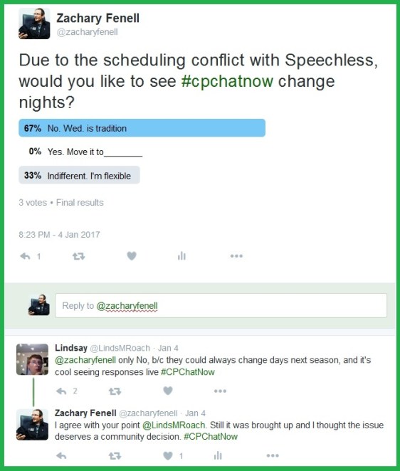 The #CPChatNow community votes to determine if the Twitter chat should be moved to another night.