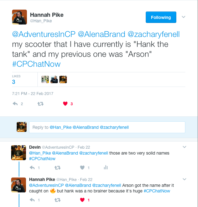 Hannah talking about her scooter names "Hank the Tank" and Arson