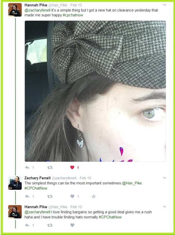 Hannah Pike reminds #CPChatNow that you can find joy from the simpliest items, like buying a new hat!