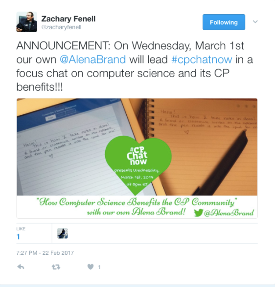 Zach announces Alena's focus chat on Computer Science and CP on March 1st