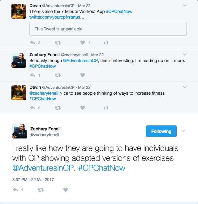 Devin bringing up the CPF 7 Minute fitness app. Zach bringing up the fact people with CP are shown doing exercises