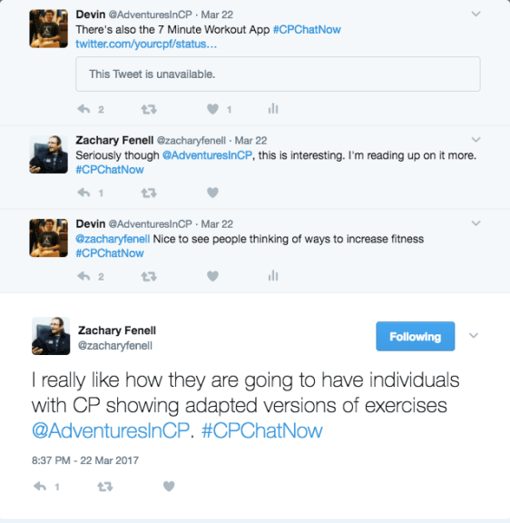 Devin bringing up the CPF 7 Minute fitness app. Zach bringing up the fact people with CP are shown doing exercises