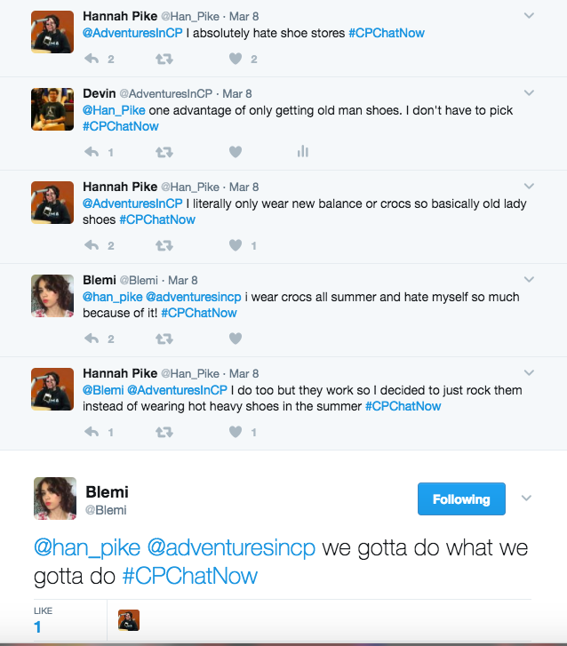 Discussion about difficulty of finding stylish shoes between Hannah, Devin, and Blemi.