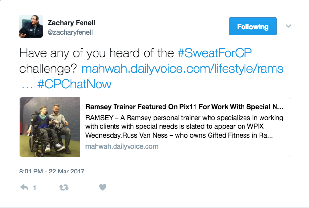 Zach asking if anyone has heard about the #SweatForCP challenge and sharing an article 