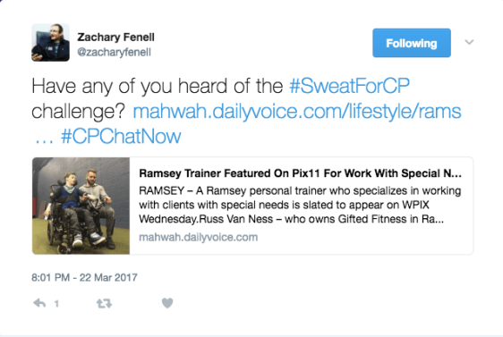 Zach asking if anyone has heard about the #SweatForCP challenge and sharing an article 