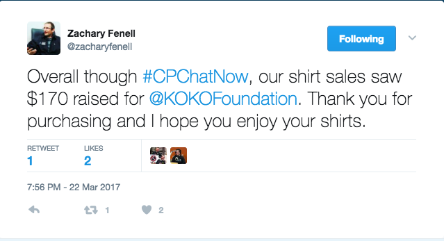 Zach announces #CPChatNow raised $170 for the Keep on Keeping On Foundaton