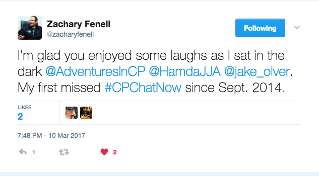 Zach Fennell describing how he missed this chat due to a power outage