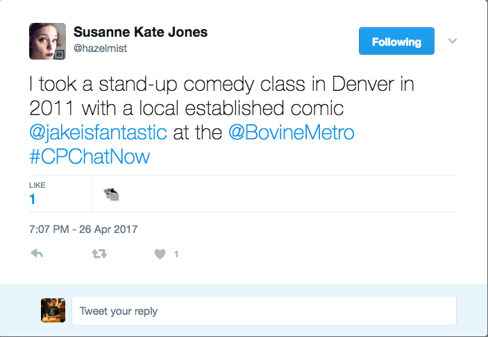 Susanne discussing the comedy classes she has taken