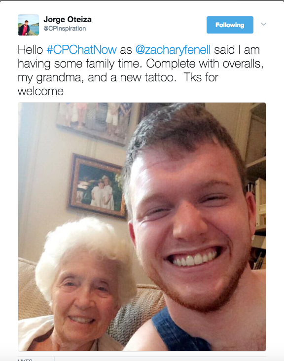 Picture of Jorge Orteiza with his grandma in overalls