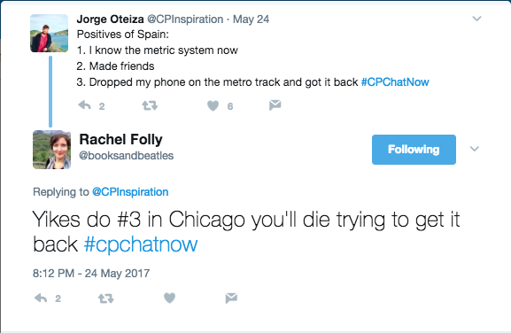 Jorge's positives from Spain: knowing the metric system, friends, and an intact phone after dropping it in the train tracks. Rachel advised not doing that in Chicago