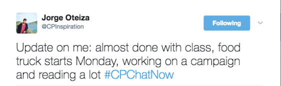 Blake offering an update on finishing classes, starting a food truck, and working on a campaign