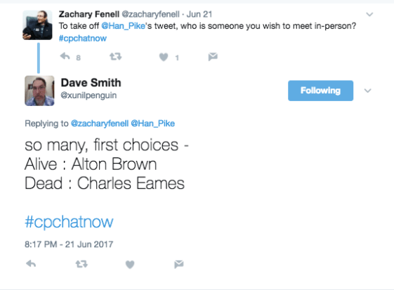 Zach asking who members would like to meet. Dave offered Alton Brown and Charles Eames