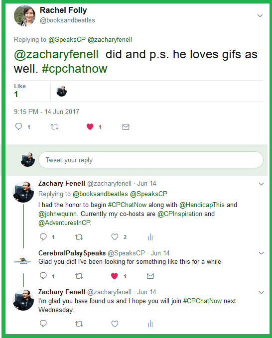 Rachel credits Zachary for starting #CPChatNow but he corrects he co-founded #CPChatNow along with John W. Quinn and Handicap This.