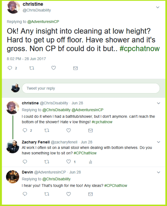 Christine asks the #CPChatNow community for advice on cleaning low places, like a shower.