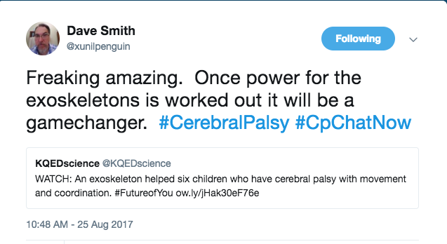 Dave tweeting about a freaking amazing exoskeleton. He shares that working out power will be a gamechanger