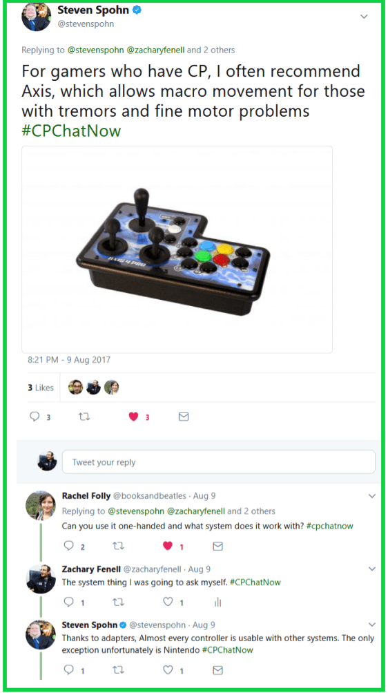 Steven often recommends people with CP use an accessible controller called Axis.