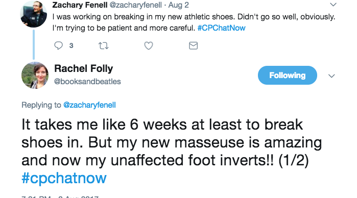 Zach expressed frustration it has taken awhile to break in new athletic shoes. Rachel pointed out this takes 6 weeks, but she has gotten relief from inverts and a new massuese