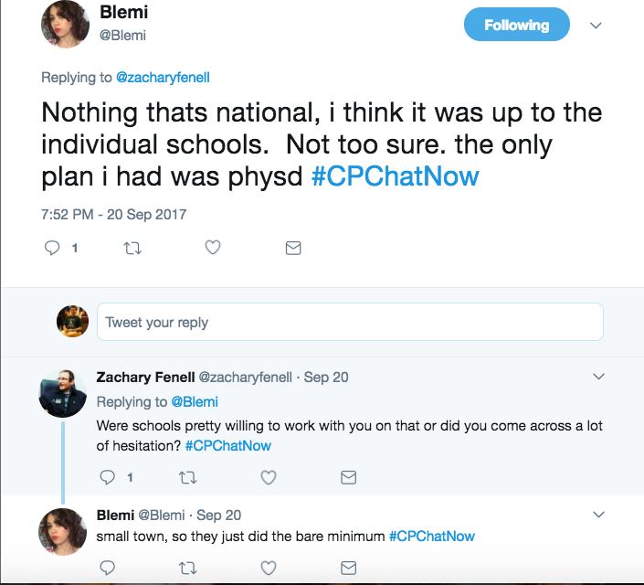 Blemi and Zach discussing high school accommodations in Canada. Blemi said there is no national standard and her small town did the bare minimum