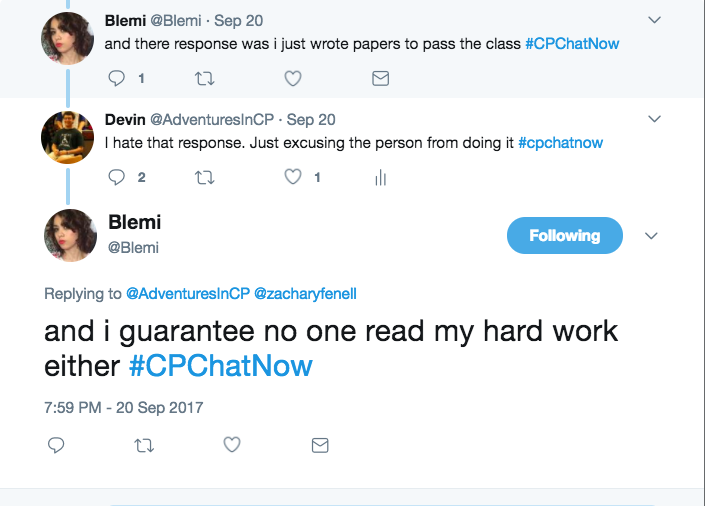 Blemi reported she wrote papers instead of doing PE