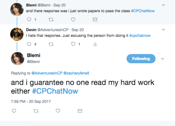 Blemi reported she wrote papers instead of doing PE