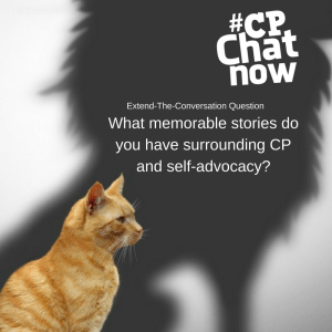 An oranage cat in the lower left hand corner with a shadow of a lion. There is white text saying Extend-The-Convrsation and What memorable stories do you have surrounding CP?