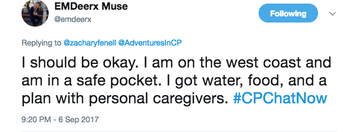 Erin discussing her hurricane plans with caregivers, food, and water. 