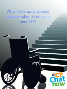 A black wheelchair in front of gray stairs with blue text on a gray background of the Extend-The-Conversation question. The Multicolor #CPChatNow logo is in the bottom right hand corner 
