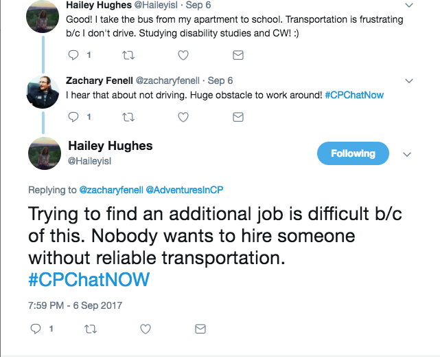 Hailey reporting that she has returned to grad school, but shared her frustration with lack of reliable transportation 