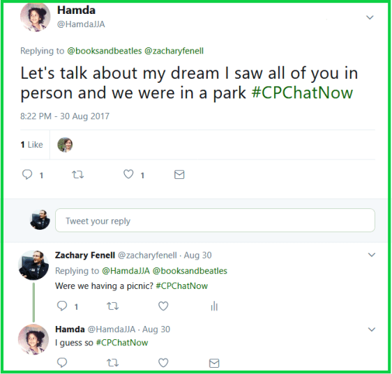 Participant Hamda dreamed of #CPChatNow community members gathering in-person for a picnic.