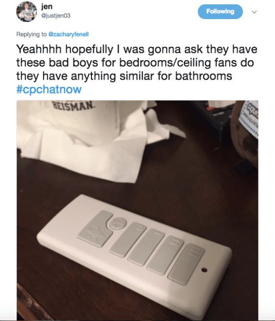 A picture of a white remote with gray buttons for turning on fans and lights on a table along with a Jen tweet asking if similar devices exist for bathrooms