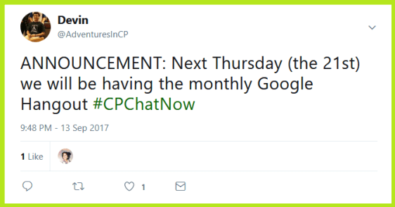 #CPChatNow will hold their September 2017 Google Hanout Thursday, September 21st. 
