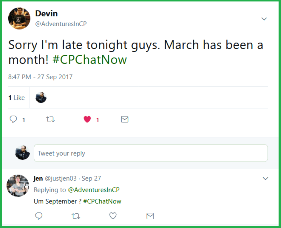Co-host Devin Axtman apologizes for his tardiness, mentioning a rough March. Yes, March!