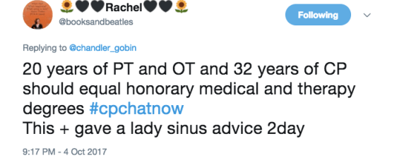 Rachel jokes she should get an honorary medical and therapy degree with her 20 years of PT and OT experience 