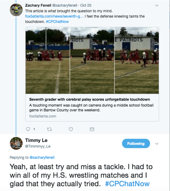 Zach and Timmy bemoaning the lack of effort on a 7th grader with CP's touchdown