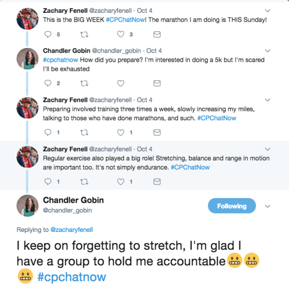 Zach and Chandler discussing preparations for a 5k including regular exercises, training, range of motion exercises. Chandler reports she forgets to stretch 