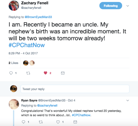 Zach announcing he welcomed a nephew this week with Ryan offering congratulations 