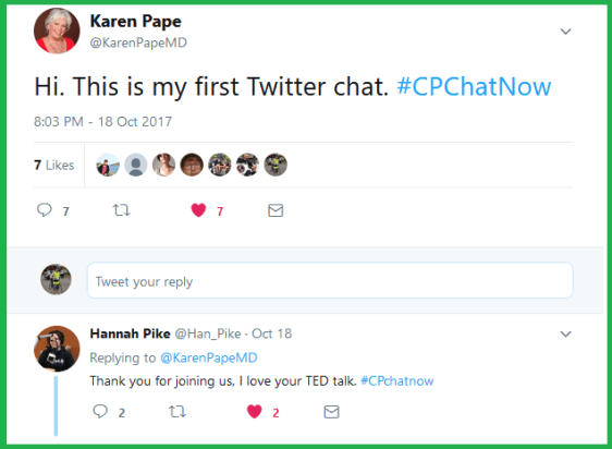 Dr. Karen Pape shares that #CPChatNow is her first Twitter chat.